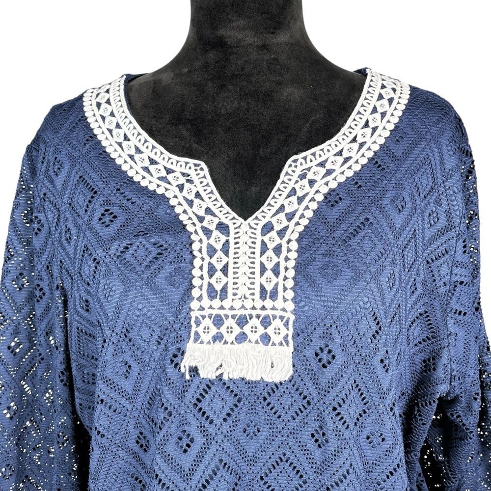 Alfred Dunner Navy Tunic Top White Lace Fringe Crochet Openwork Boho Cover Up
